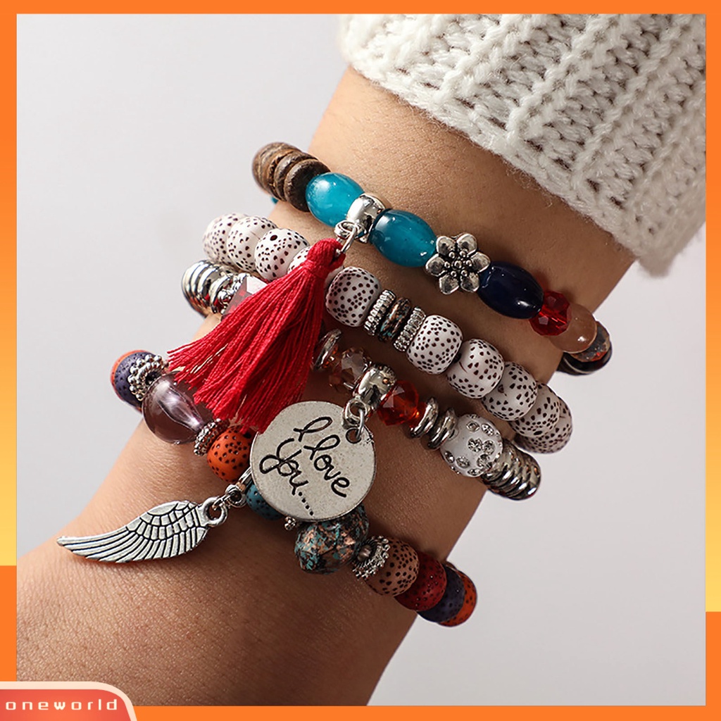 [EONE] 4pcs/set Gelang Wanita Gaya Bohemian Manik-Manik Vintage Rantai Tangan Rumbai Untuk Hadiah