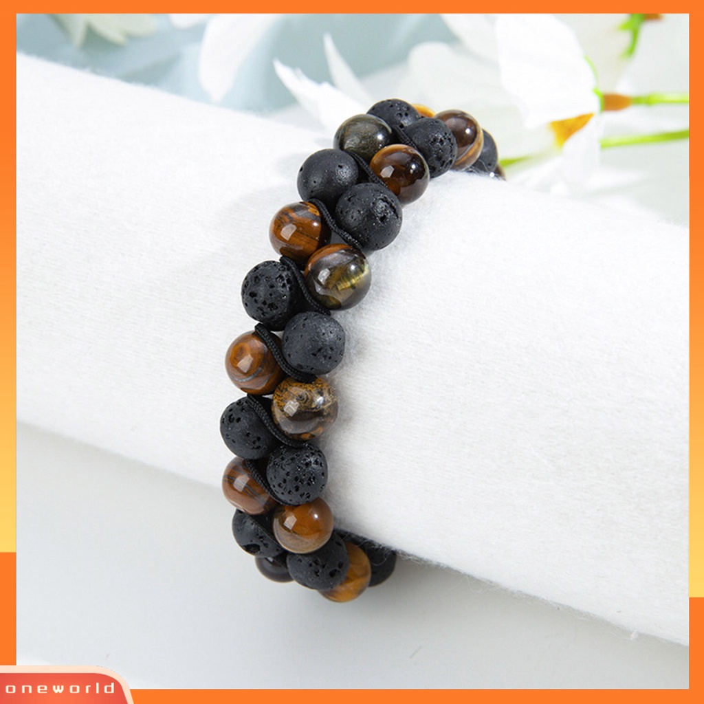 [ONE] Manik-manik Gelang Dikepang Tali Double Layer Vintage Adjustable Serut Menghias Perhiasan Tiger Eye Faux Rock Stone Pria Kecemasan Gelang Untuk Kehidupan Sehari-Hari
