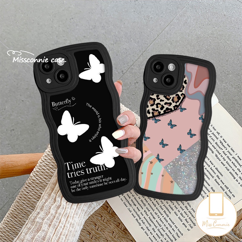 IPHONE Casing Ponsel Kupu-Kupu Retro Vintage Kompatibel Untuk Iphone11 14 13 12 Pro Max 7Plus XR 6s 78 6 14 Plus X XS Max SE 2020 Fashion Art Garis Tidak Teratur Motif Leopard Bergelombang Penutup Tepi