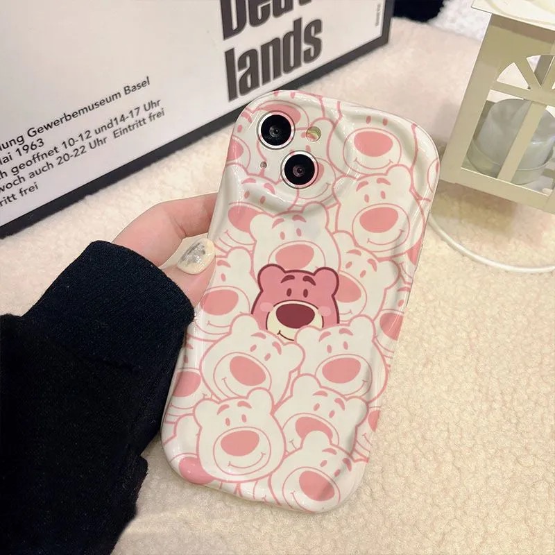 IPHONE Lovely Strawberry Bear Kartun Case Kompatibel Untuk Iphone11Xr 7Plus 8Plus 12 14 13 Pro Max X7 8 6s 6 Plus XS Max SE 2020 3D Wavy Curved Edge Glossy Shockproof Soft Cover