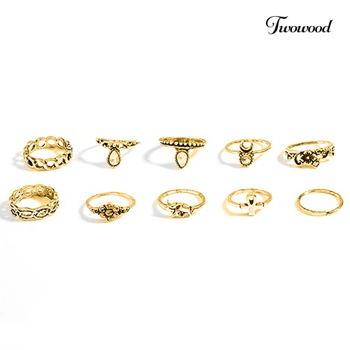 Twowood 10Pcs/Set Retro Boho Gajah Bunga Bulan Diatas Buku Jari Midi Cincin Perhiasan