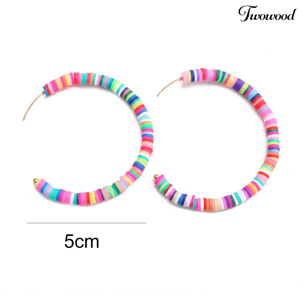 Twowood 1pasang All-match Wanita Warna Pelangi Polymer Clay Bohemian Hoop Stud Earring Untuk Outdoor