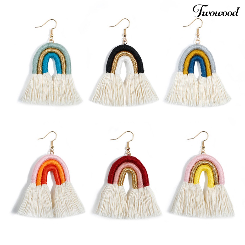 Twowood 1pasang Anting Pelangi Bohemian Menarik Hias Lapis Rumbai Rainbow Hook Menjuntai Earrings Untuk Kehidupan Sehari-Hari