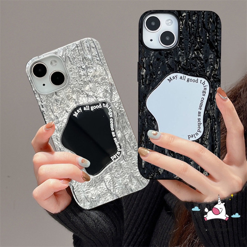 IPHONE Luxury Electroplate Plating Kerut Kreatif Make Up Mirror Case Kompatibel Untuk Iphone11 13 14 12 Pro MAX XR 7Plus 8Plus X XS Max7 6 6S 8Plus SE 2020 Lembut Ins Fashion Cover