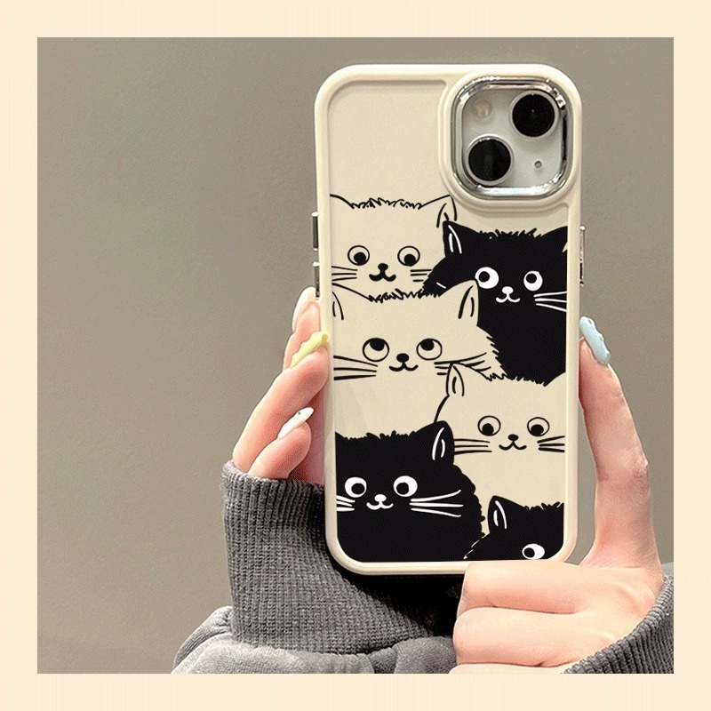 IPHONE Bingkai Cermin Tombol Logam Hitam Dan Putih Desain Kucing Lucu Casing Ponsel Kompatibel Dengan Iphone12 13 14 11 Pro Max X Xs Max Xr Ddzcx