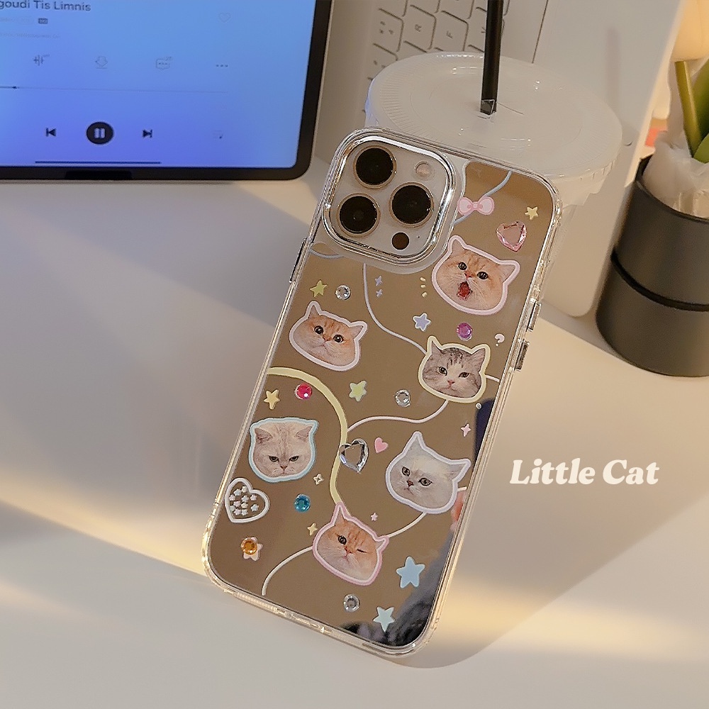 IPHONE Ins Kartun Kucing Lucu Dengan Berlian Berwarna Plating Cermin Casing Transparan Untuk Iphone14 11 12 13 PRO MAX Casing Cover Pelindung AT0257