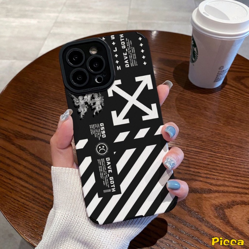 IPHONE Trendy Merek O.F.F-W.h.i.t.e Stripe Sticker Case Kompatibel Untuk Iphone11 13 14 12 Pro MAX 7Plus XR X XS Max7 8 Plus Tekstur Mewah Kulit Lembut Silicon Cover