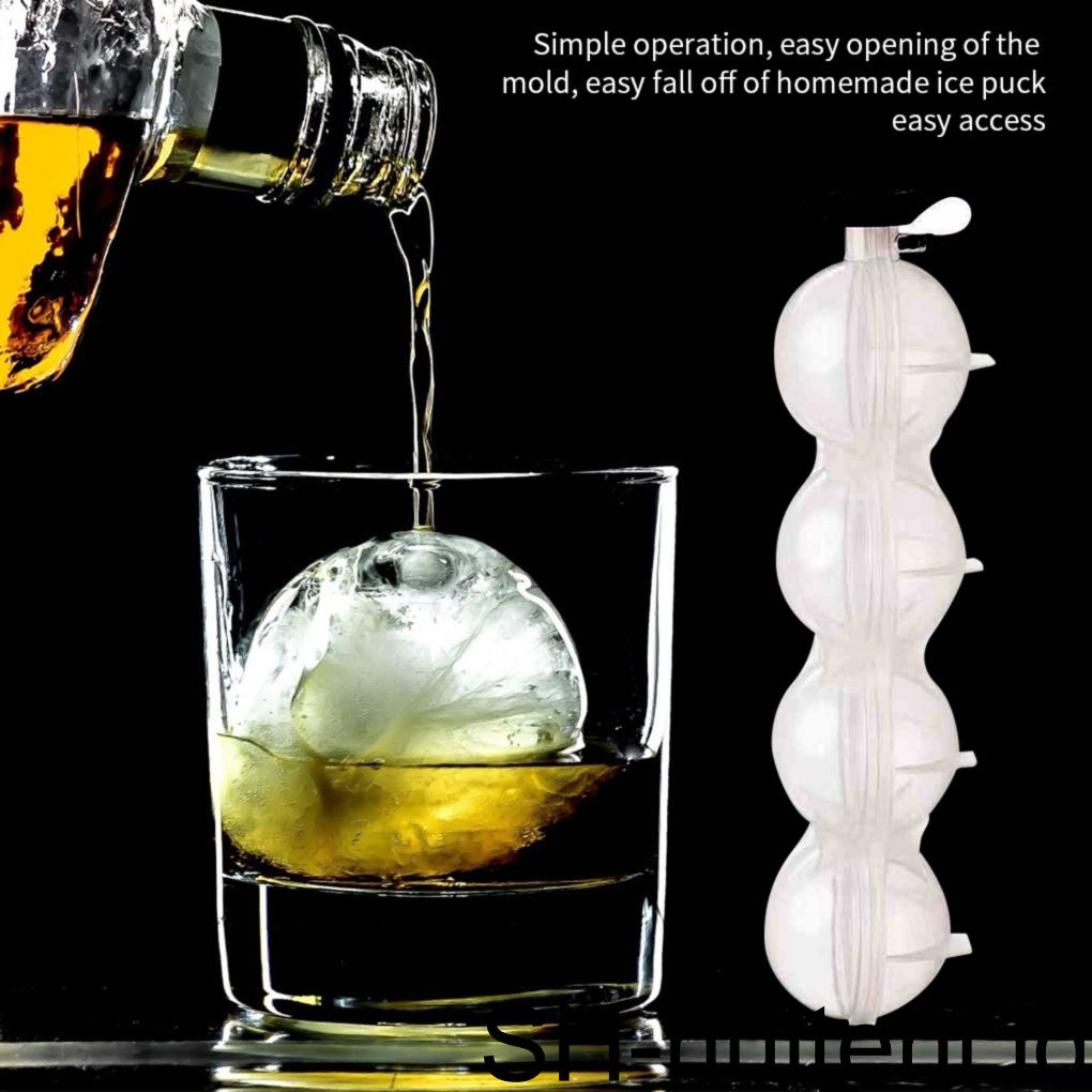 Cetakan Es 4-rongga Cocktail Tray Reusable Round Ice Cube Ball Mold Dengan Tutup Untuk Bar Rumah