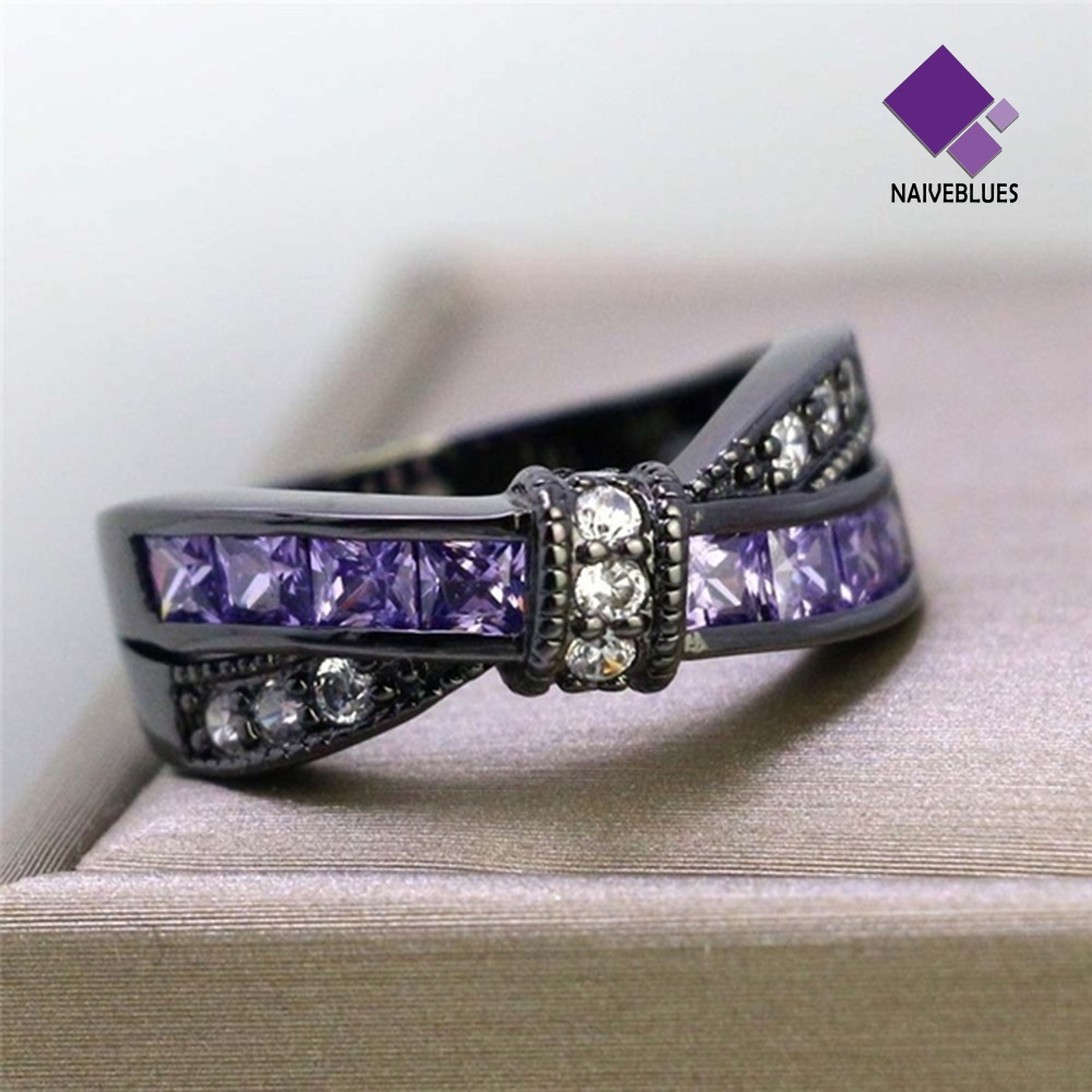 &lt; Naiveblues &gt; Fashion Wanita Faux Amethyst Hias Silang Ikatan Simpul Pertunangan Cincin Hadiah