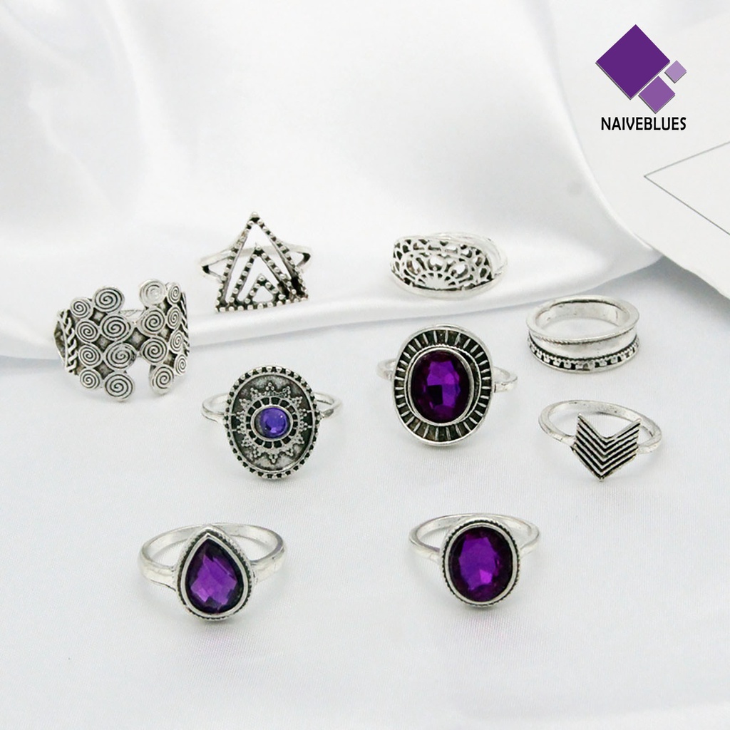 &lt; Naiveblues &gt; 9Pcs/set Water Drop Stackable Knuckle Rings Alloy Bohemia Permata Ungu Jari Perhiasan Aksesori