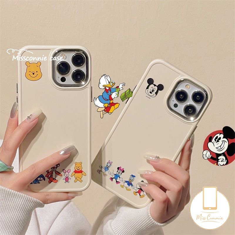 Caroon Disney Mickey Minnie Mouse Case Kompatibel Untuk IPhone 11 12 14 13 Pro MAX 7plus X XR 7 8 Plus XS MAX 8plus Cute Winnie The Pooh Bear Plating Metal Frame Lensa Soft Cover