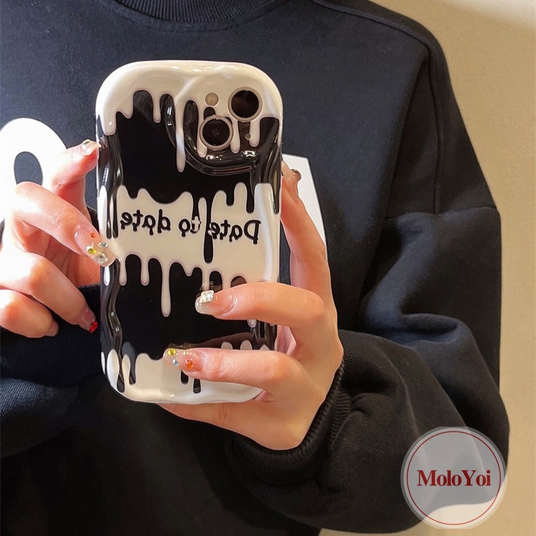 IPHONE Kepribadian Es Krim Hitam Putih Huruf Inggris Glossy Case Kompatibel Untuk Iphone11 13 12 14 Pro Max XR X XS Max 6s 7 6 8 Plus 7Plus SE 2020 3D Wavy Curved Edge Soft Back Cover