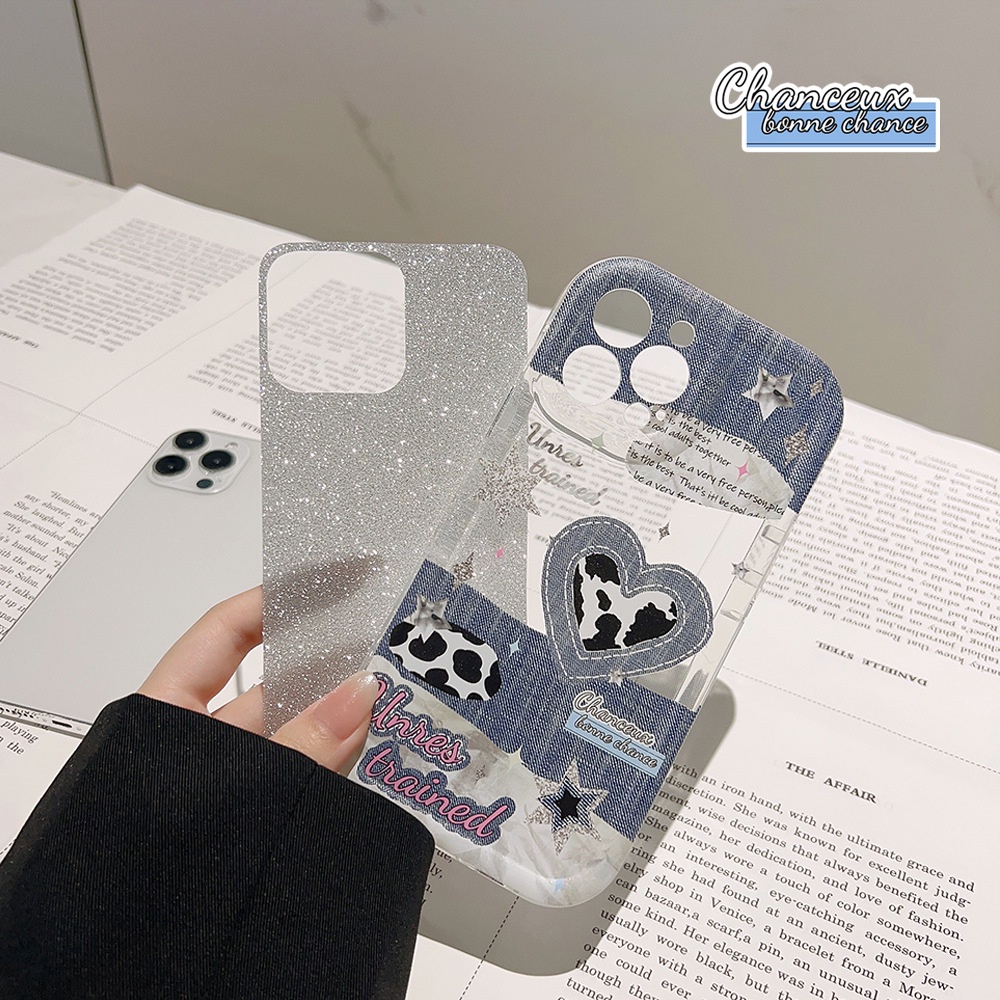 IPHONE Ins Gadis Panas Jahitan Koboi Silikon Case Dengan Kartu Glitter Untuk Iphone14 11 12 13 PRO MAX Casing Cover Pelindung AT0296