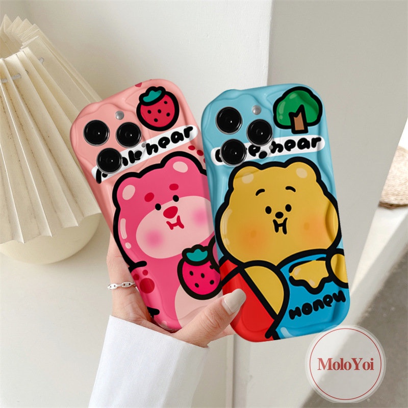 Soft Tpu Cute Winnie The Pooh Case Kompatibel Untuk IPhone XR X XS Max7 6 8 6s Plus 11 13 12 14 Pro Max 7Plus SE 2020 Kartun Strawberry Bear Manyo 3D Wavy Curved Edge Glossy Cover