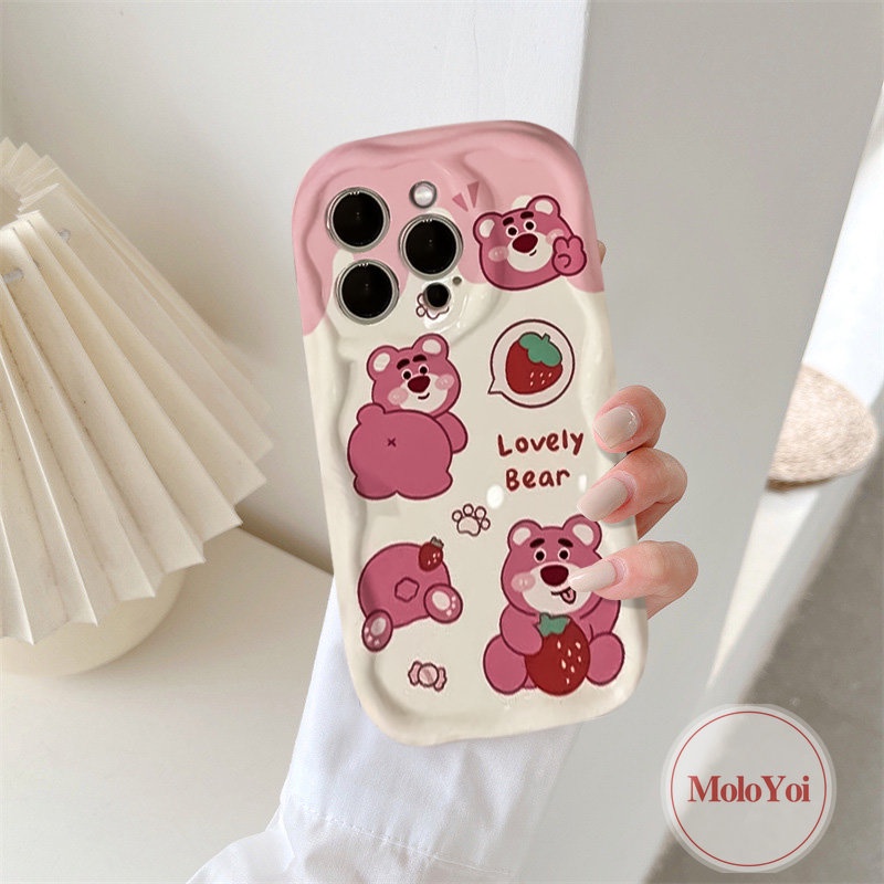 IPHONE Lovely Couple 3D Wavy Curved Edge Phone Case Kompatibel Untuk Iphone6 8 6s 7plus XR X XS Max 11 13 12 14 Pro SE 2020 Lucu Doraemon Kartun Strawberry Bear Manyo Tpu Soft Cover