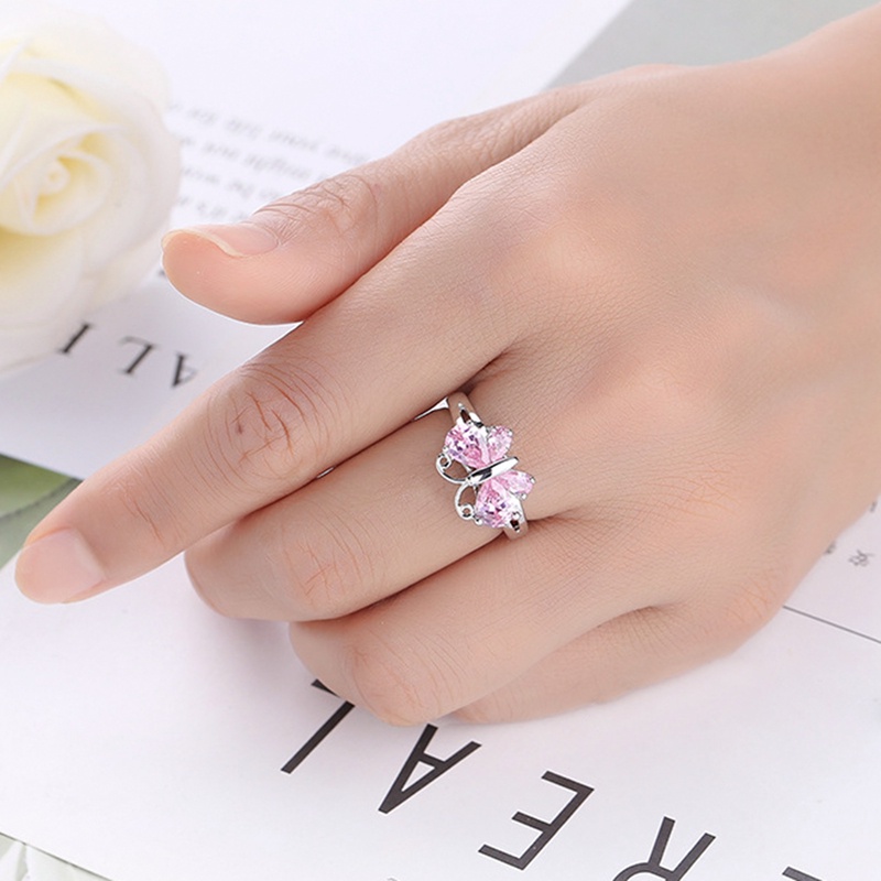 Cincin Jari CZ Butterfly Sparkling Pink Warna Silver Untuk Wanita Sterling Plata Jewelry Hadiah Natal