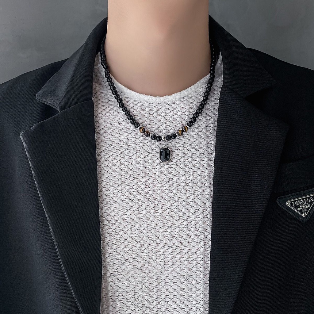 Pria Manik-Manik Tiger Eye Beads Hip Hop Kalung Obsidian Pria Kalung，kalung pria korea