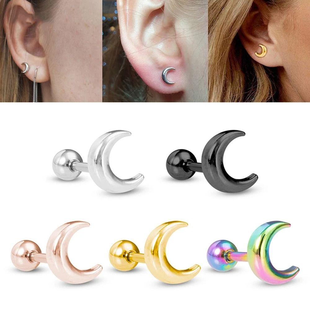 Needway   Moon Stud Earrings Daily Retro Wanita Perhiasan Stainless Steel Anting Korea Temperamen Geometris Telinga Tulang Kuku