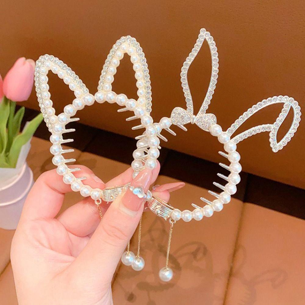 Agustina Bun Ponytail Holder Elegan Hiasan Kepala Vintage Sayap Hair Clip Gadis Jepit Rambut Rumbai Telinga Kelinci Kristal Korea Hair Claw