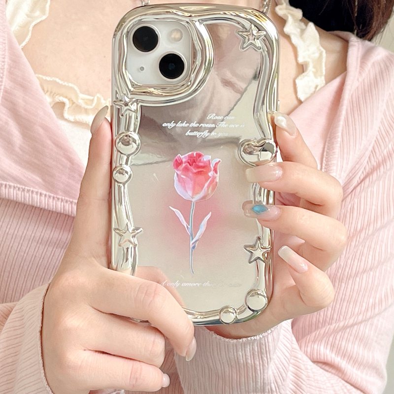 Cream Star Love Mirror Soft Case iPhone 7 8 Plus iPhone X XS XR Max 11 12 13 14 Pro Max 14 Plus Girl Woman Fashion Pink Green Tulip Flower Case Make up