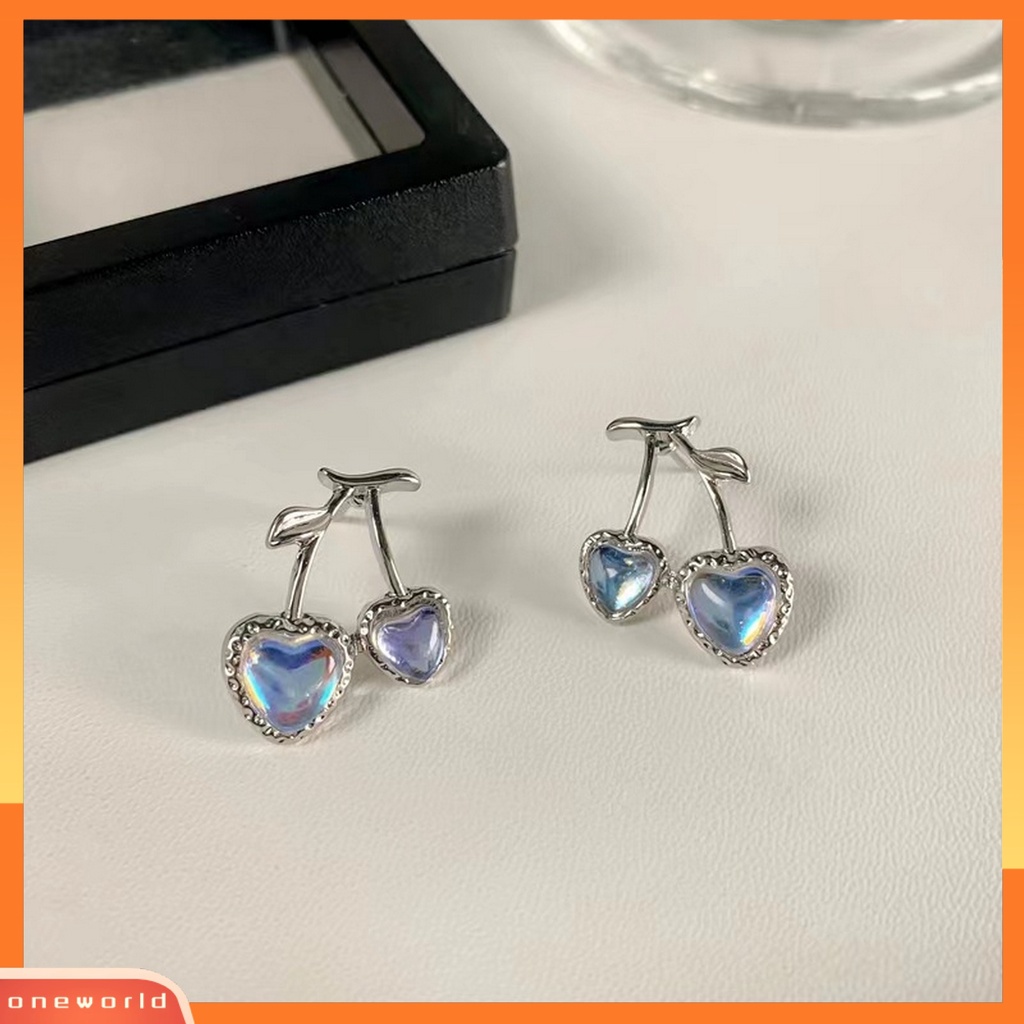 [ONE] Lucu Manis Cherry Stud Earrings Shiny Light Blue Berlian Imitasi Earrings Pesta Perjamuan Wanita Fashion Perhiasan Hadiah