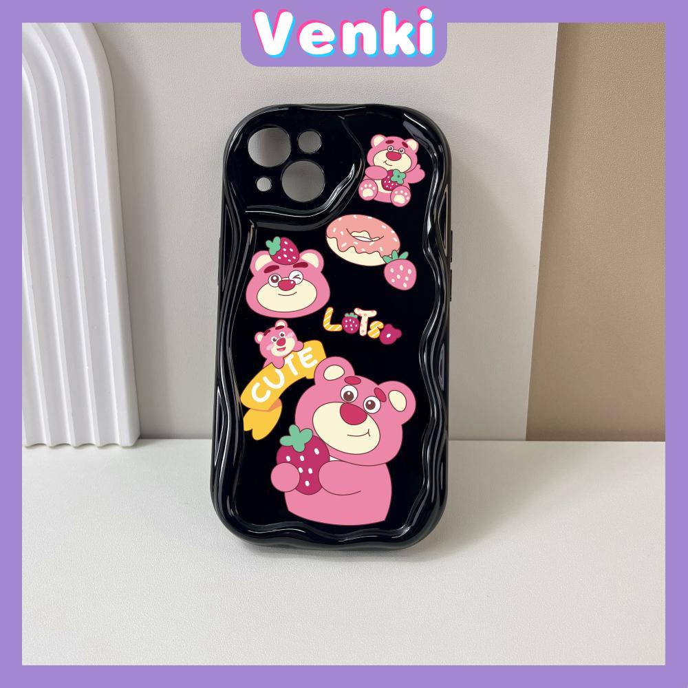 VENKI - Untuk iPhone 11 Case Curved Edge Wave Case Glossy Black TPU Airbag Shockproof Camera Case Cute Pink Bear Kompatibel dengan iPhone 14 13 Pro max 12 Pro Max xr xs 7Plus 8Plus