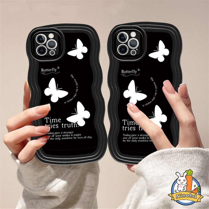 IPHONE Casing Kompatibel Untuk Iphone14 13 12 11 Pro Max X Xr Xs Max iPhone 8 7 6 6s Plus SE 2020 INS Korea Butterfly Wavy Edge Case Hitam Silikon Lembut Tpu Shockproof Phone Case Cover Pelindung