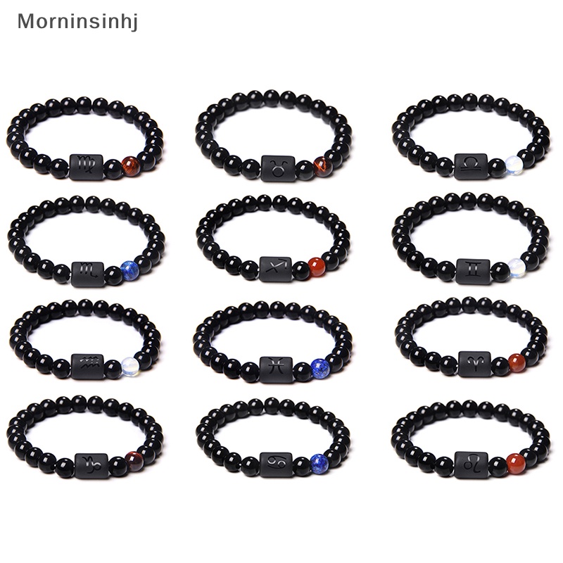 Mornin 12rasi Zodiak Tanda Manik-Manik Gelang Pasangan Batu Onyx Hitam Alami Elastis Charm Gelang Untuk Wanita Pria id