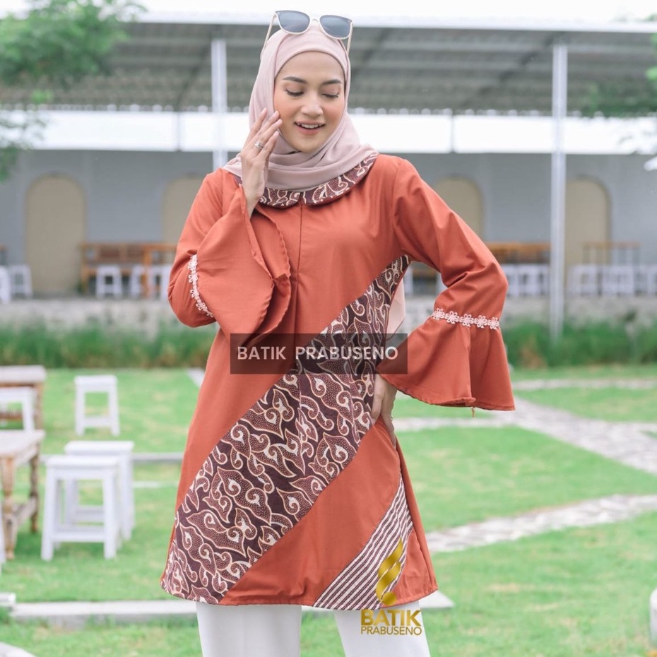 TUNIK REMBULAN ATASAN BAJU BATIK PRABUSENO WANITA LENGAN PANJANG KERJA KANTORAN MODERN KEKINIAN PREM