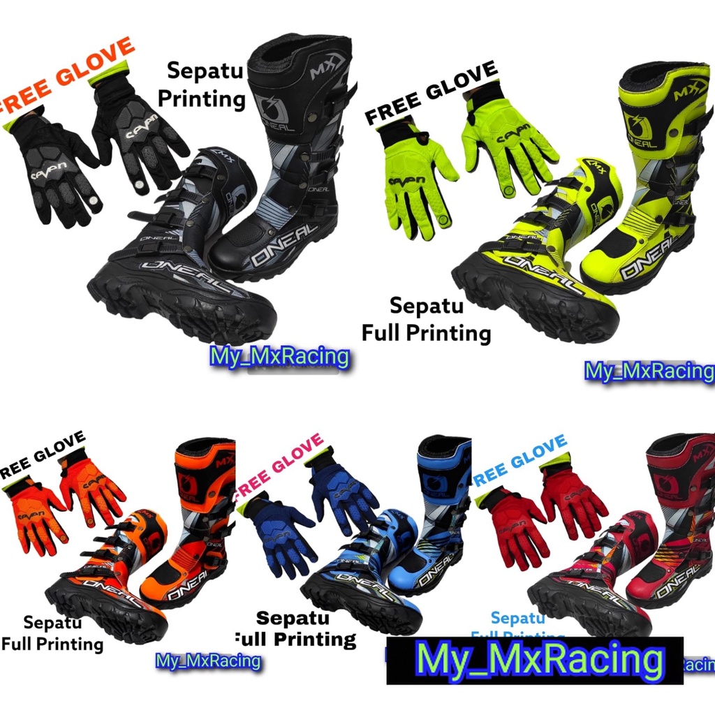 sepatu trail cross ful printing FREE GLOVE dengan desain menarik sepatu FLOU BLACK adventure trabas bots safety kombinasi piyu dan condura print