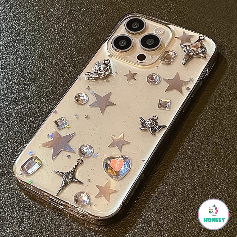 IPHONE Casing Ponsel Transparan Batu Permata Bintang Keren Untuk Iphone11 12 13 14 Pro Max X XS XR 7 8 14 Plus Fashion Metal Cupid Y2K Penutup Belakang