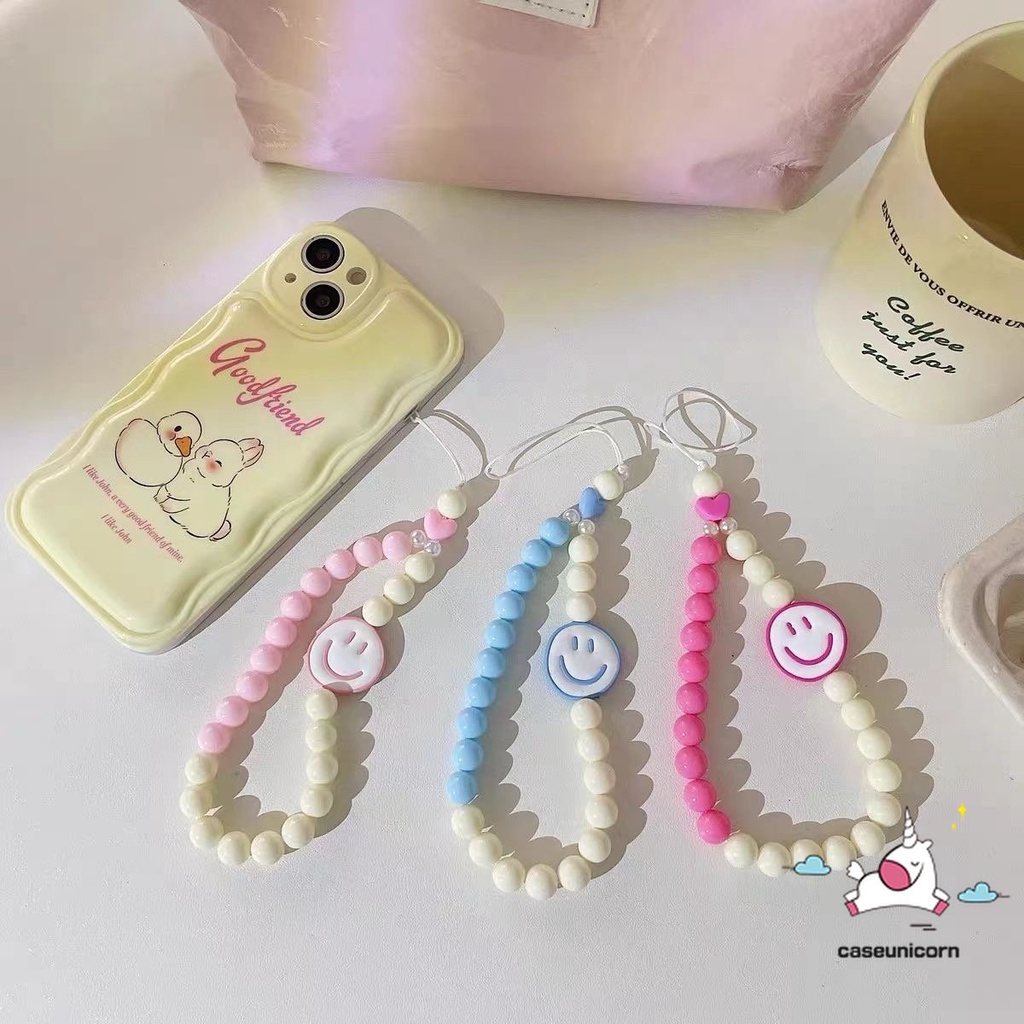 Indah Kartun Wajah Senyum Tangan Tali Gelang Manik-Manik Lanyard Kreatif Akrilik Telepon Rantai Gadis Warna-Warni Cinta Mutiara Gantung Rantai Lucu Manis Aksesoris