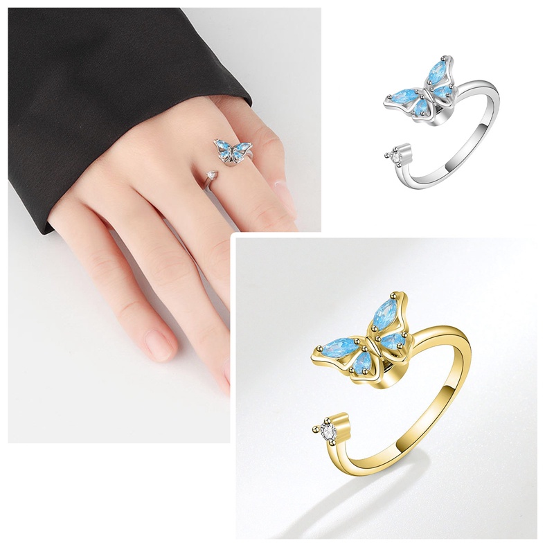 Retro Minimalis Warna Perak Terbuka Cincin Untuk Wanita Kepribadian Bulu Kupu-Kupu Adjustable Jari Cincin Gadis Perhiasan Hadiah