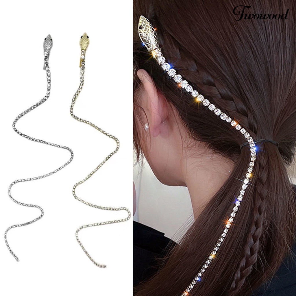 Twowood Braided Head Chain Bentuk Ular Rumbai Panjang Berlian Imitasi Punk Bersinar Hiasan Rambut Dekorasi Rambut Daily Styling Tool