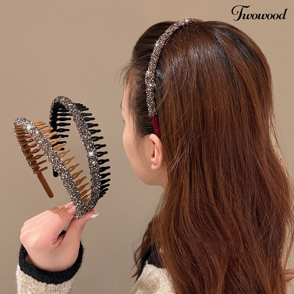 Twowood Lady Wavy Headband Non-slip Berlian Imitasi Mengkilap Bergigi Narrow Band Rambut Bezel Cuci Muka Lady Hair Hoop Aksesoris Rambut