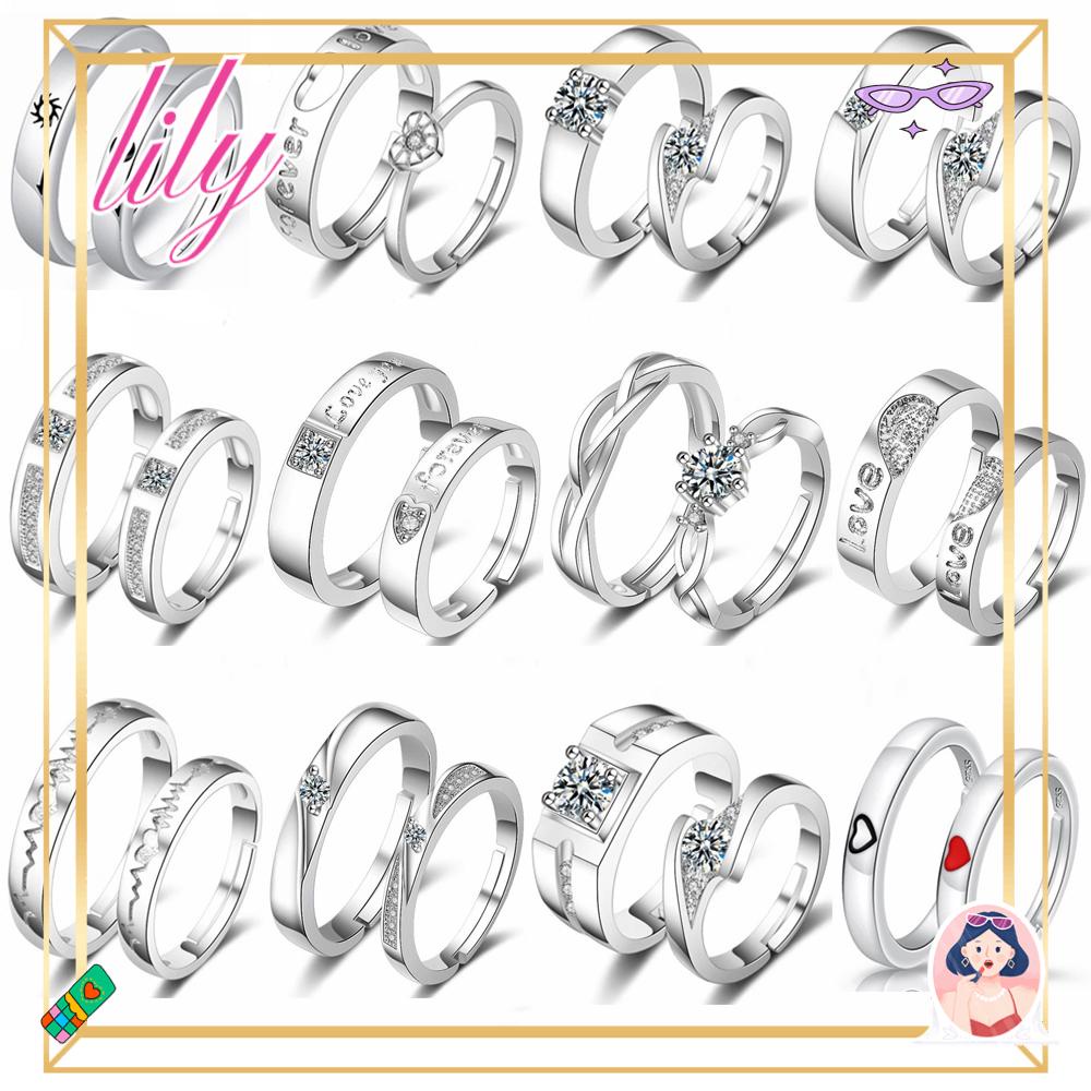 Lily 1pasang Cincin Pasangan Hadiah Romantis Pria Wanita Perhiasan Untuk Pacar Wanita Berbentuk Hati
