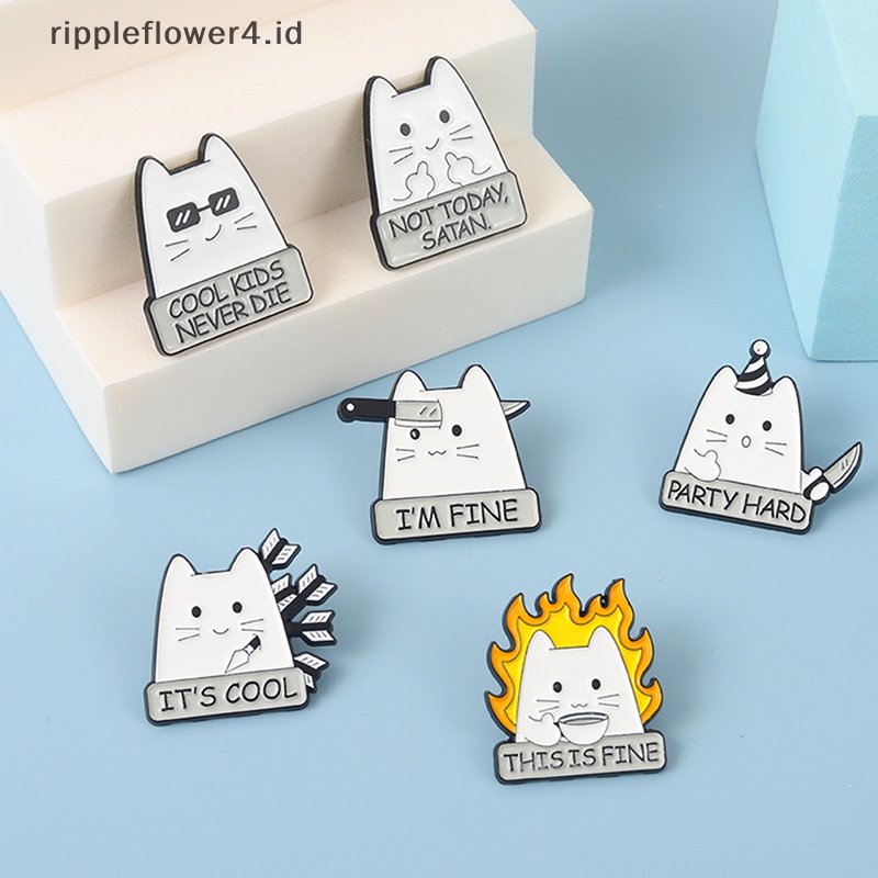 {rippleflower4.id} I'm FINE Enamel Pins Custom COOL KIDS NEVER DIE NOT TODAY Setan Cat Bros Lapel Badge Fun Cartoon Jewelry Gift Untuk Teman Anak~