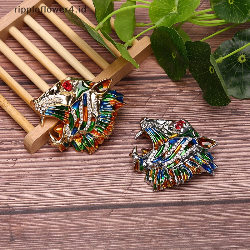 {rippleflower4.id} Vintage Enamel Warna-Warni Berlian Imitasi Kristal Kepala Harimau Bros Pin Perhiasan Hadiah~