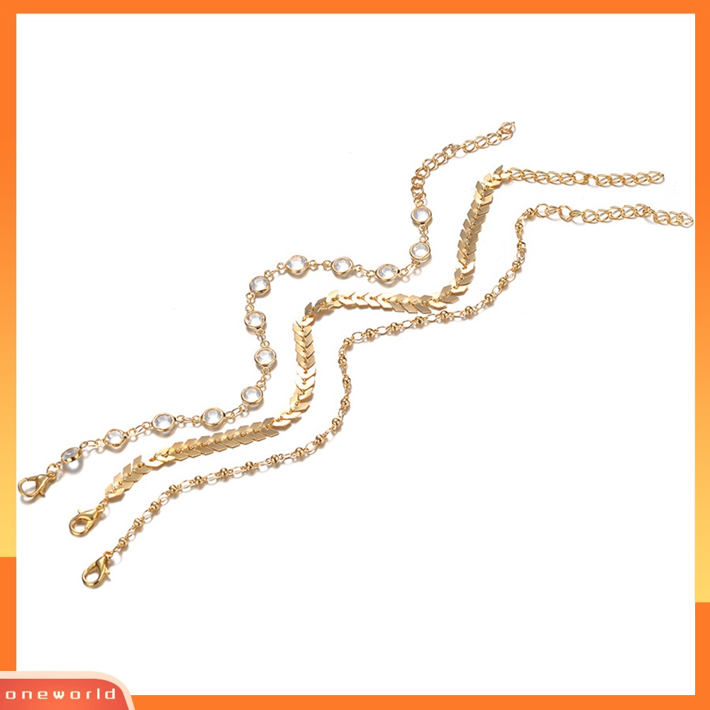 [WOD] 3pcs Golden Tone Faux Crystal Fish Bone Anklet Multi-layer Gelang Kaki Pantai