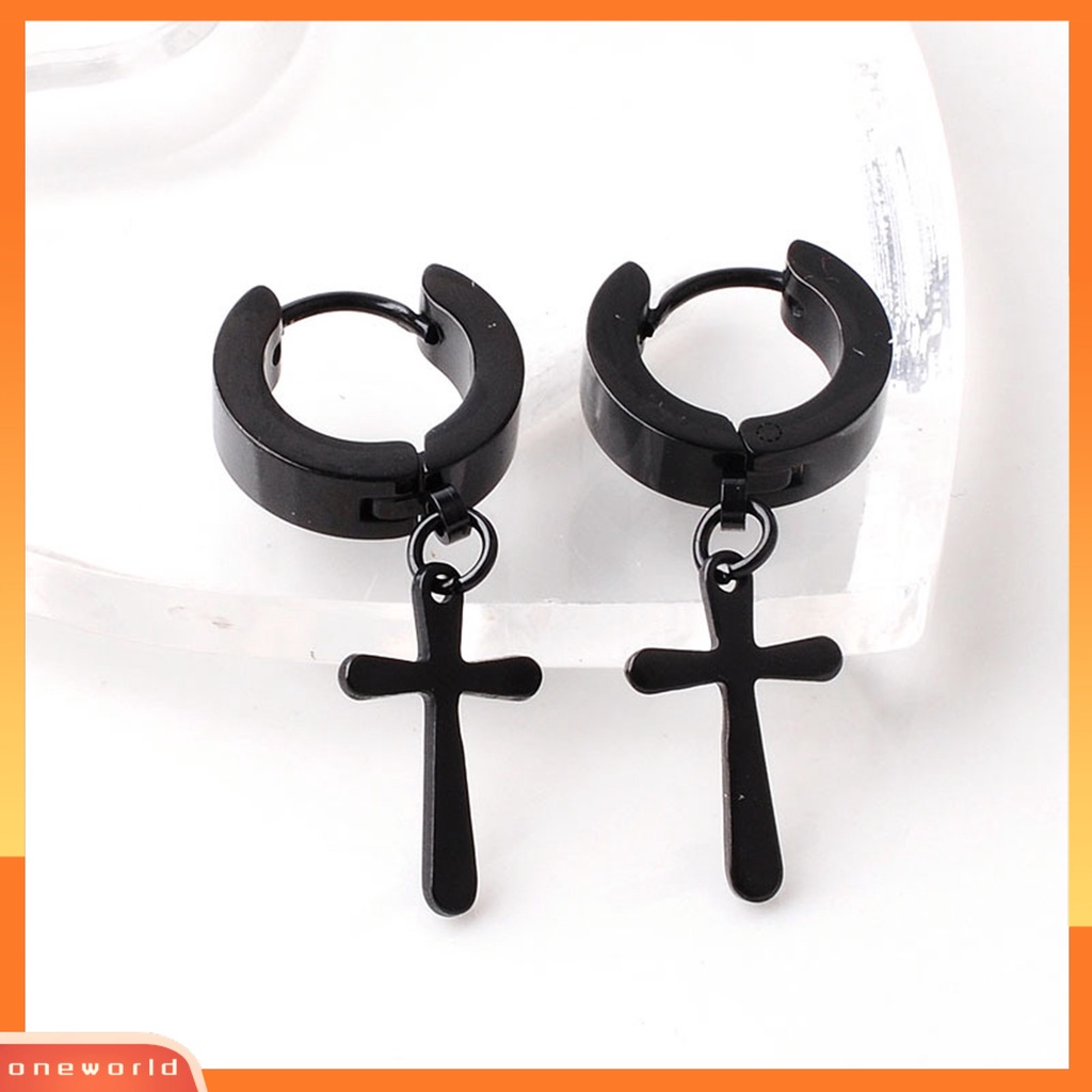 [WOD] 1pc Unisex Anting Menjuntai Salib Gaya Korea Stainless Steel Simple Bright Luster Hoop Earring Untuk Pakaian Sehari-Hari