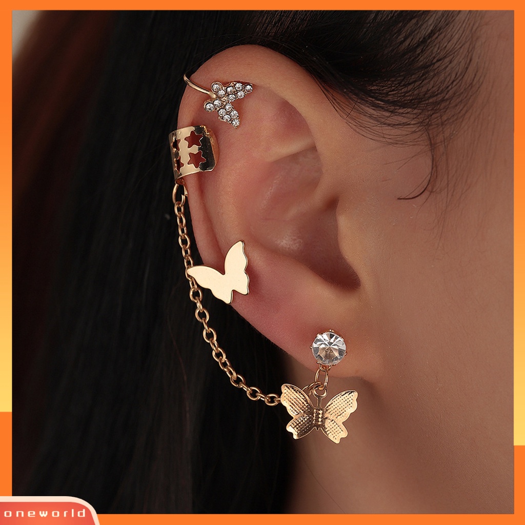 [WOD] Anting Wanita Bentuk Kupu-Kupu Rantai Perhiasan Berlian Imitasi Dekorasi Ear Cuff Stud Earrings Untuk Pakaian Sehari-Hari