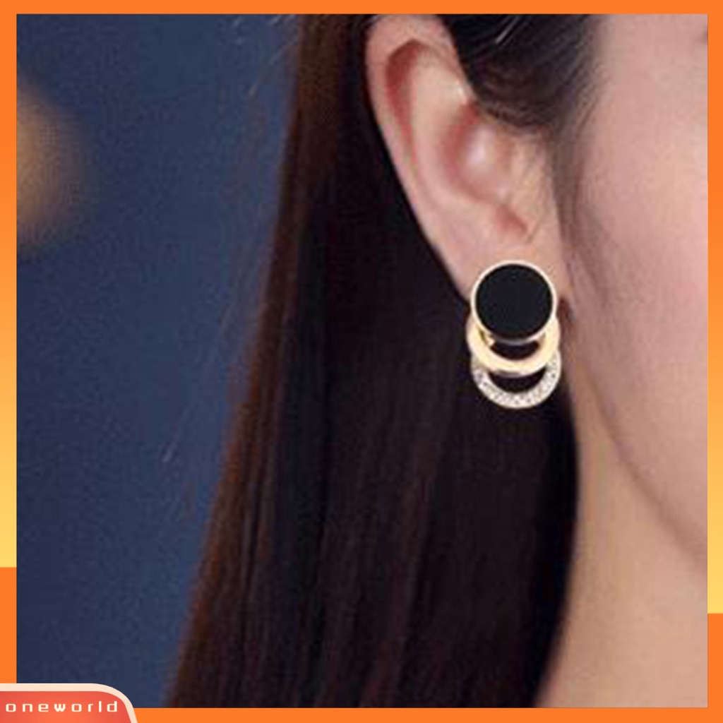 [WOD] 1pasang Ear Studs Multi-layer 3cincin Bulat Lingkaran Hitam Hadiah Fashion Perhiasan Berlian Imitasi Berkilau Wanita Anting Untuk Harian