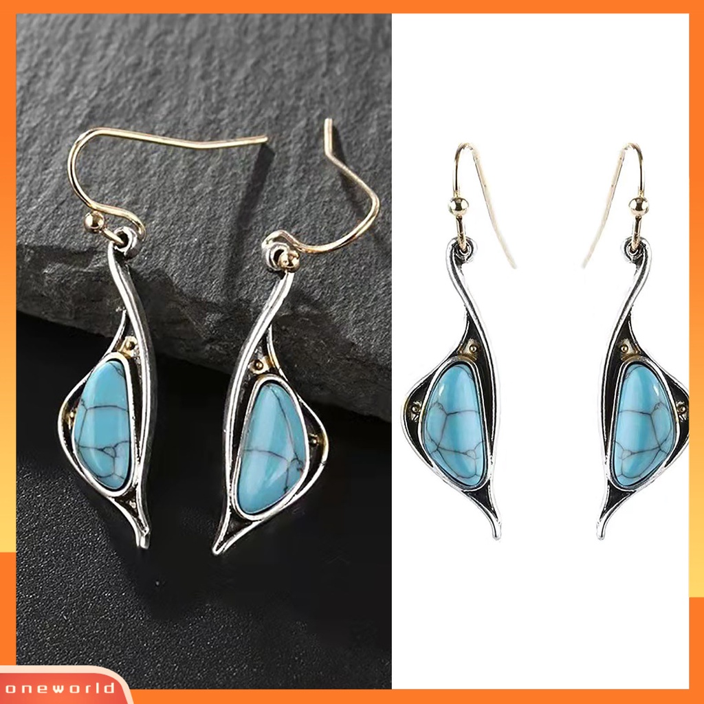 [WOD] 1pasang Tindik Compact Lady Earrings Alloy Blue Turquoise Irregular Hook Menjuntai Anting Perhiasan Aksesoris