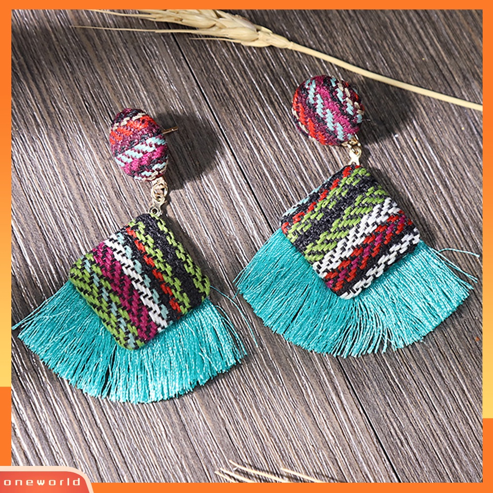 [WOD] Retro Belah Ketupat Kipas Fringe Rumbai Pesona Tenun Laporan Stud Anting Lady Jewelry