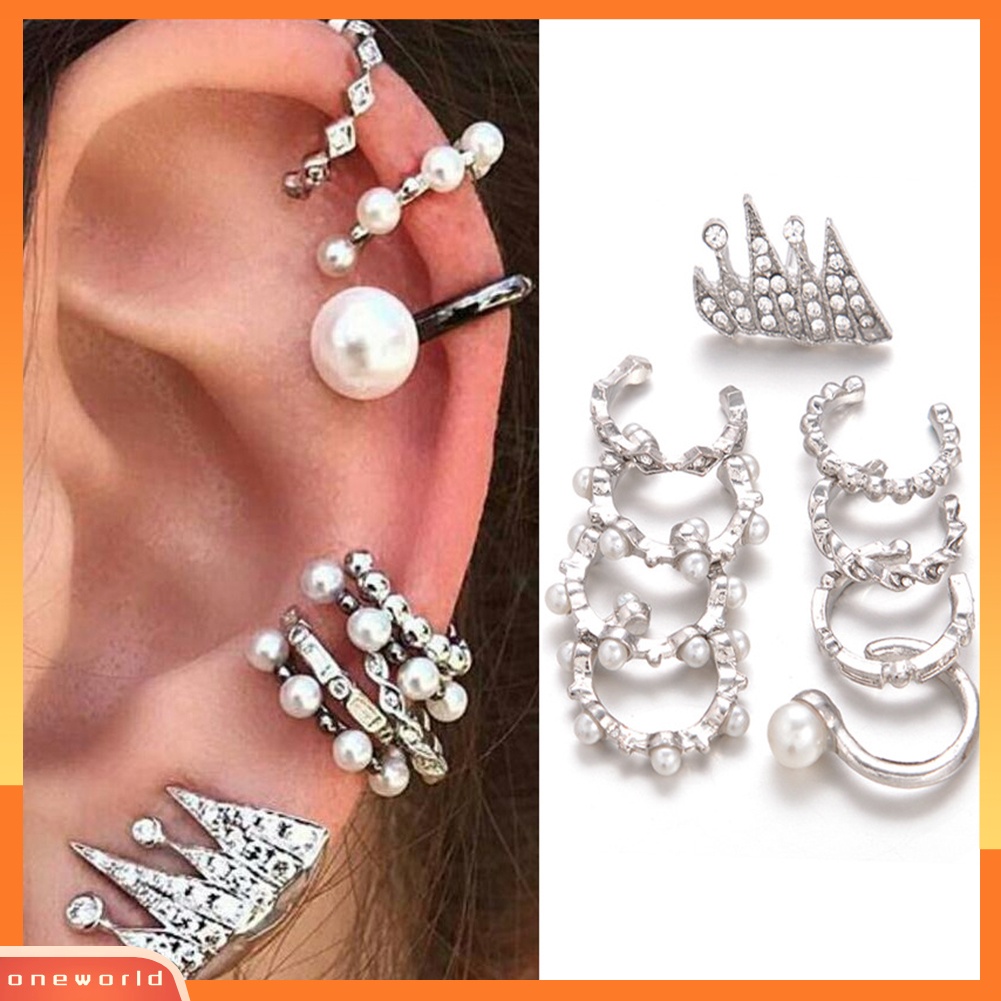 [WOD] 9 Pcs/Set Bohemian Retro Berlian Imitasi Mutiara Imitasi Telinga Manset Studs Earrings Set Hadiah