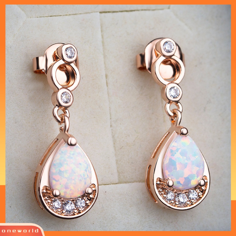 [WOD] Wanita Bling Berlian Imitasi Hias Imitasi Opal Droplet Pendant Stud Earrings Perhiasan