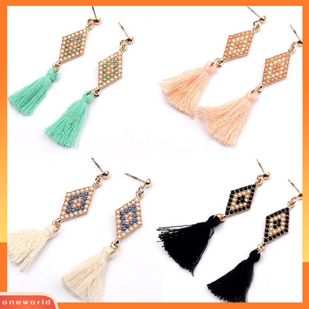 [WOD] 1pasang Ear Studs Gaya Folk Elegan Bentuk Rhombic Thread Fringed Earrings Untuk Hadiah