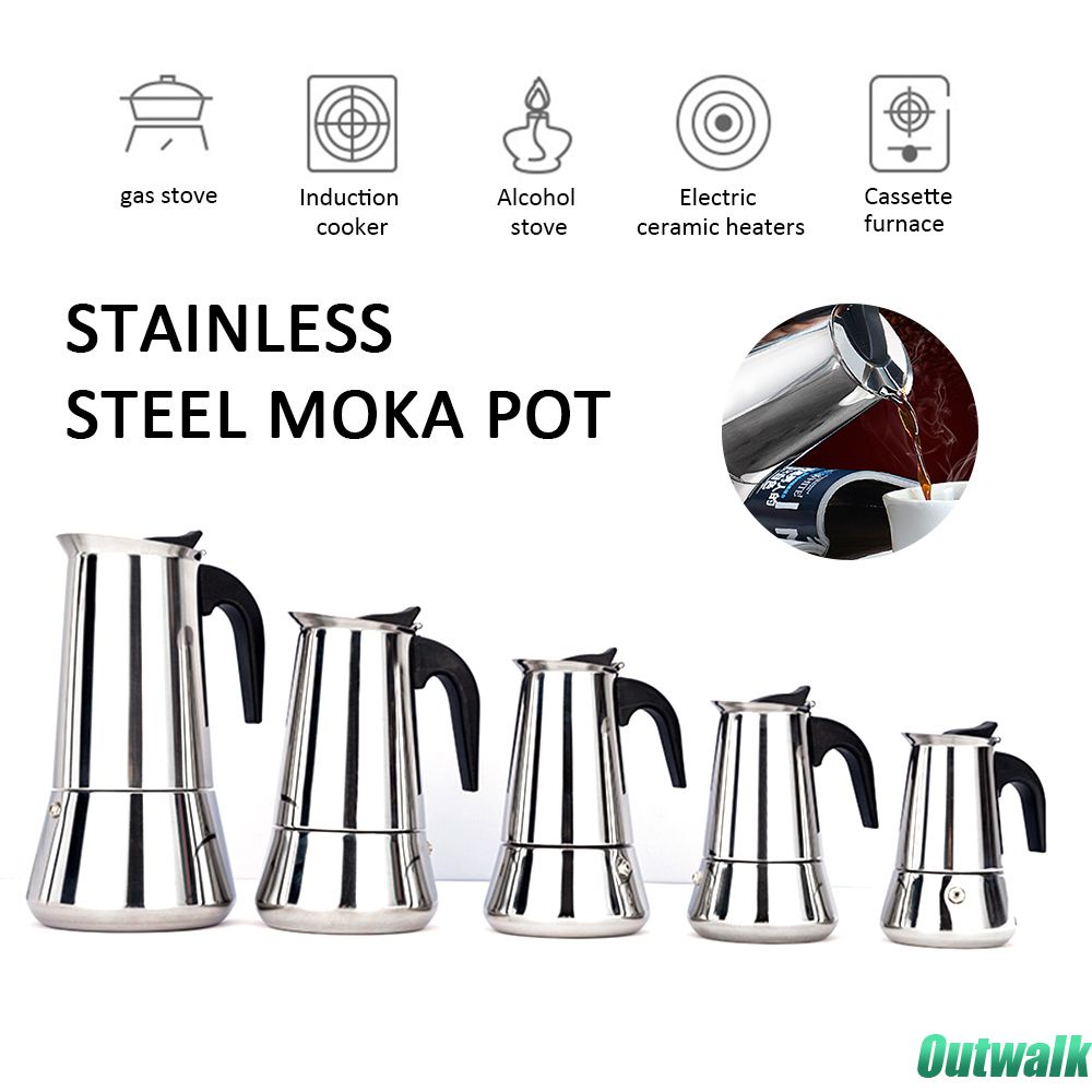 Pot Stainless Steel Moka Pot 2/4/6/9/12 Cangkir, Pembuat Kopi Stovetop, Filter Stainless Steel, Alat Pembuat Kopi Espresso Italia untuk Dapur