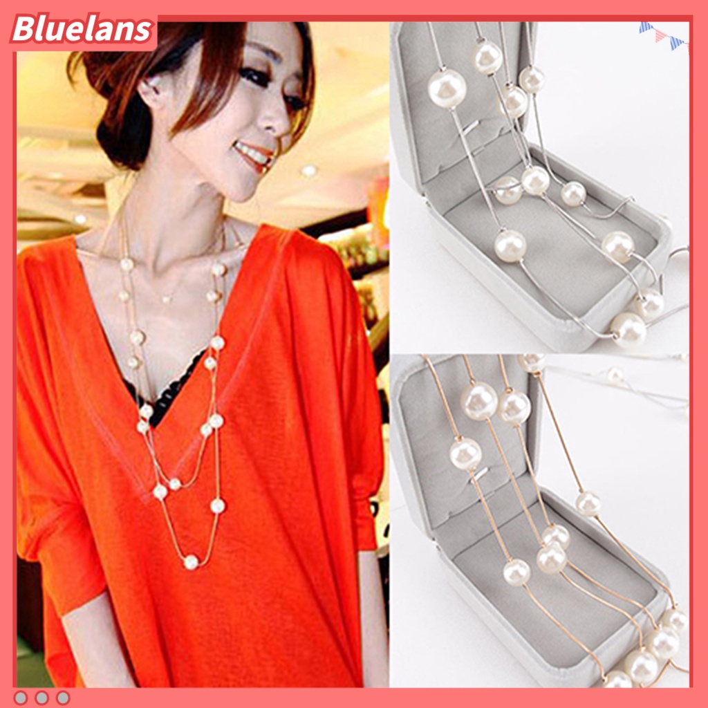[BLS] Kalung Double Layer All-match Alloy Faux Pearl Decor Sweater Necklace Untuk Pesta