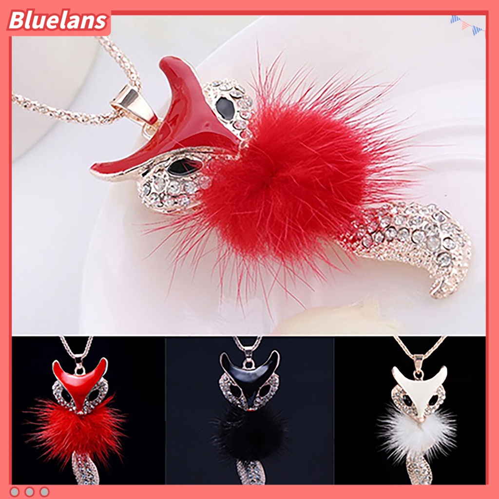 [BLS] Berlian Imitasi Wanita Bulu Imitasi Lucu Rubah Liontin Sweater Panjang Kalung Perhiasan